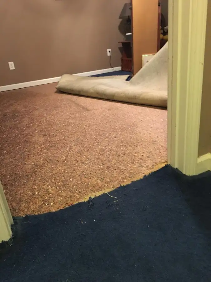 Carpet pad removal revealing water damage during Drying & Dehumidification in La Palma